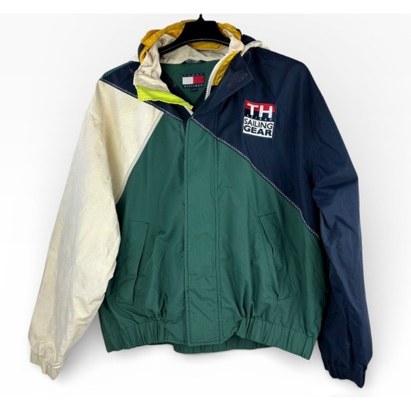 VINTAGE Tommy Hilfiger Sailing Gear Colorblock 90s Jacket Mens XL Green Navy - Picture 3 of 16